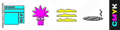 Set Buying drugs online, Marijuana or cannabis plant in pot, Cocaine or heroin drug and Cigar with smoke icon. Vector.
