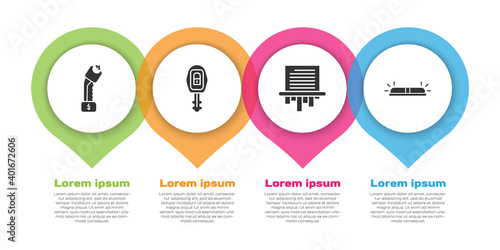 Set Police electric shocker, Car key with remote, Paper shredder and Flasher siren. Business infographic template. Vector.