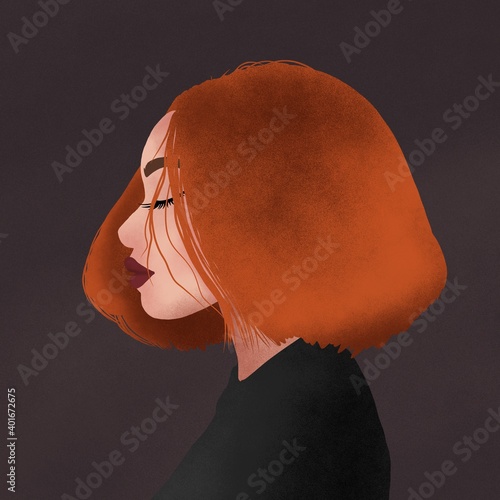 Illustration of woman with ginger hair, red lips, closed eyes