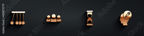 Set Pendulum, Users group, Old hourglass and Addiction to the drug icon with long shadow. Vector.