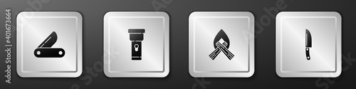 Set Swiss army knife, Flashlight, Campfire and Knife icon. Silver square button. Vector.