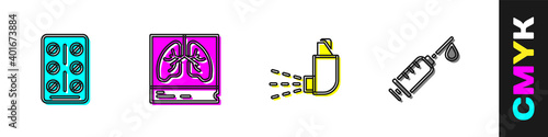 Set Pills in blister pack, Lungs x-ray, Inhaler and Syringe icon. Vector.