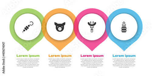 Set Grilled shish kebab, Pig, Sausage on the fork and Camping gas stove. Business infographic template. Vector.