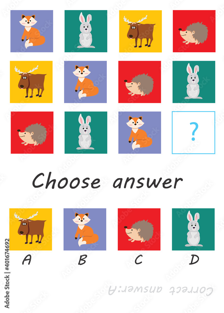 Logic game for kids, activity to children, task for the development of logical thinking and mind, cute forest animals-fox, moose,hare,hedgehog