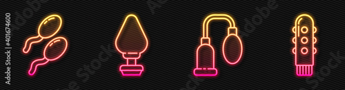 Set line Penis pump, Sperm, Anal plug and Dildo vibrator. Glowing neon icon. Vector.
