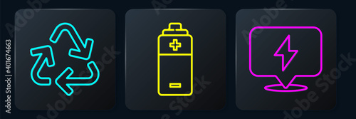 Set line Recycle symbol, Lightning bolt and Battery. Black square button. Vector.