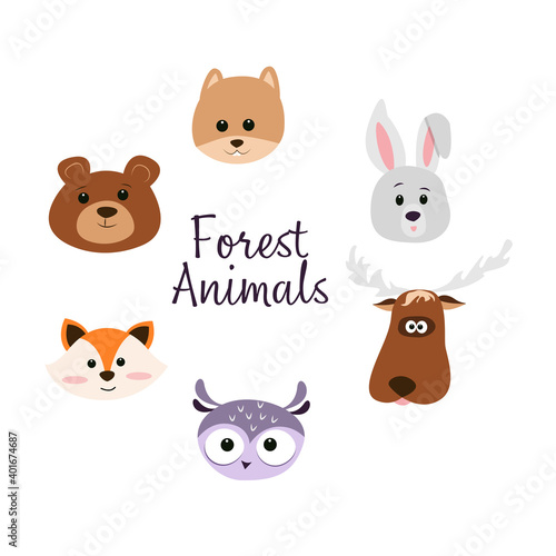 Set of cute vector characters - faces of forest animals, fox, bear, hare, moose, squirrel, hedgehog and owl. Design in cartoon style and pastel colors, for children's design. 