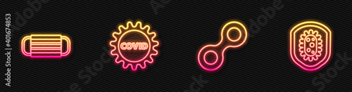 Set line Virus, Medical protective mask, Corona virus covid-19 and Shield protecting from. Glowing neon icon. Vector.
