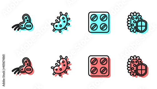 Set line Pills in blister pack, Negative virus, Virus and Shield protecting from icon. Vector.