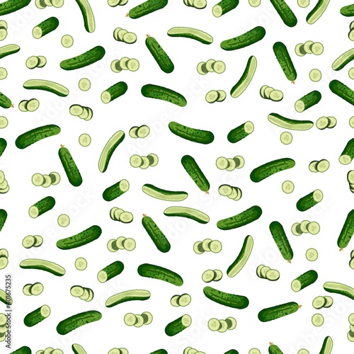 Seamless background from cucumbers. Whole cucumber, half, chopped, slices and cucumbers group. Fresh green cucumbers. Organic vegetables. Healthy, diet, vegetarian food. Vector illustrations.