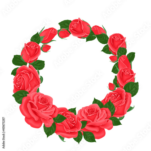 Wreath of red roses. Round floral frame. Vector illustration of beautiful flowers in cartoon flat style.
