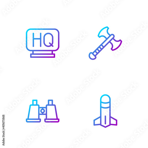 Set line Rocket, Binoculars, Military headquarters and War axe. Gradient color icons. Vector.