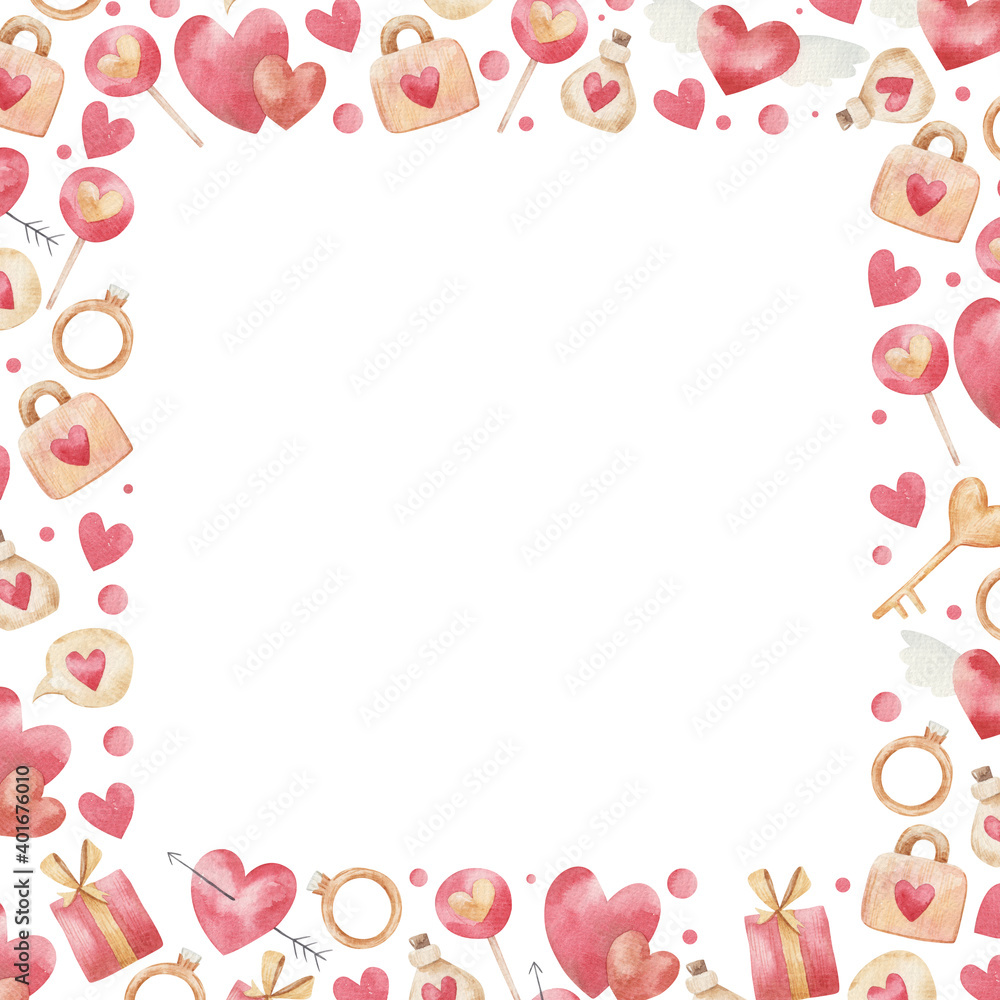 blank, card for valentine's day, square card, childrens watercolor illustration on white background blank, card for valentine's day, square card, childrens watercolor illustration on white background