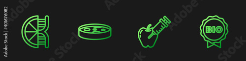 Set line Genetically modified apple, orange, Petri dish with bacteria and Label for bio healthy food. Gradient color icons. Vector.