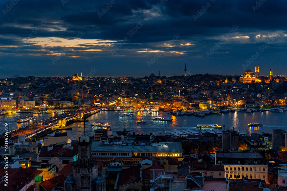 Night view of roofs of istanbul overlooking the Golden horn
