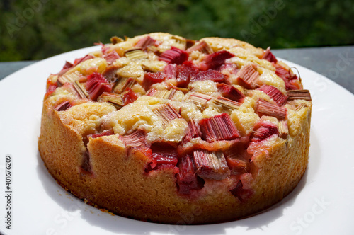 Foto Rhabarberkuchen mit Rührteig in der Springform gebacken, Kuchen mit frischem Rha