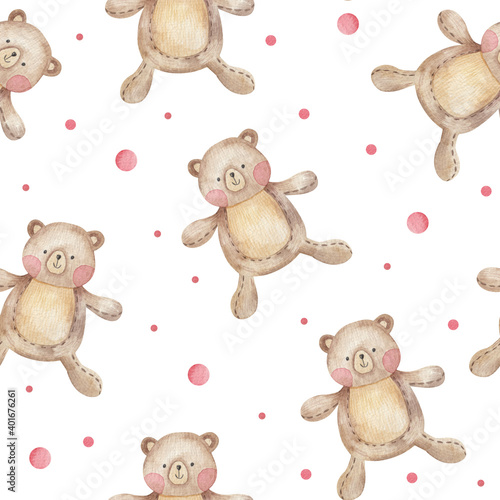 seamless pattern for valentine's day, with cute cartoon bears, childrens watercolor illustration on white background