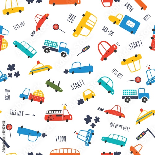 Seamless childish pattern with hand drawn cartoon cars. Creative kids texture for fabric, wrapping, textile, wallpaper, apparel. Vector illustration
