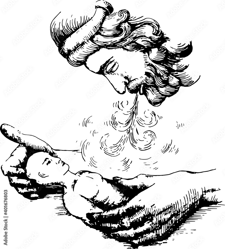 god breathing life into a man. vector freehand drawing. god holding a