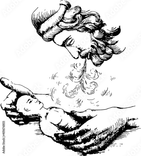 god breathing life into a man. vector freehand drawing. god holding a man in his hands. blowing wind of life. 
