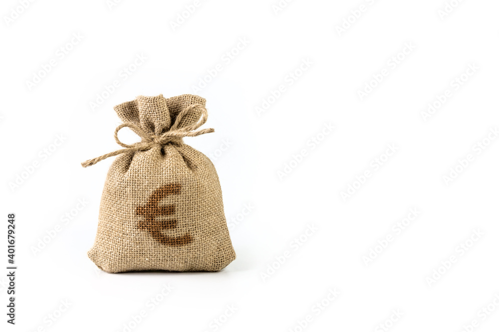 Bag of money isolated on a white background. Euro. Burlap. Empty space for insertion.