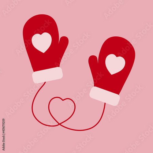 Red mittens with a pattern in the form of a heart.