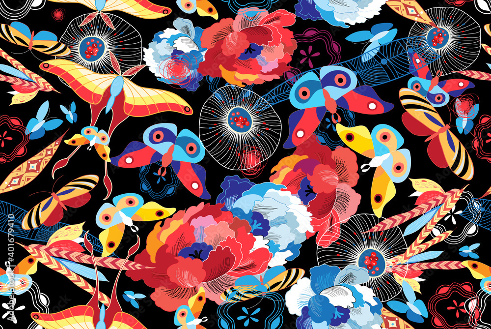 Seamless multicolored pattern of flowers and butterflies Seamless multicolored pattern of flowers and butterflies