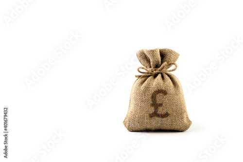 Bag of money isolated on a white background. Pound. Burlap. Empty space for insertion.
