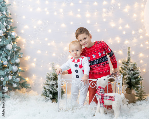 two beautiful little brother boys in New Year's costumes with a toy deer near the Christmas decorations and a Christmas tree