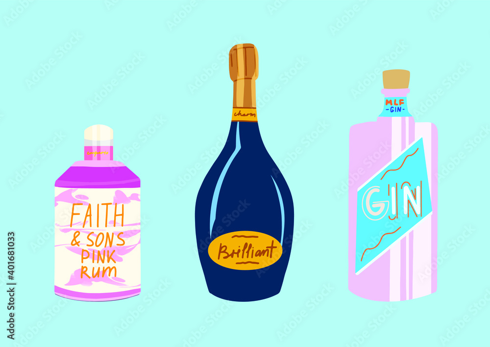set of three bottles of alcohol. set of three bottles of alcohol.