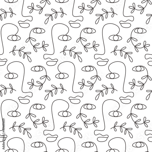 Glamour one line drawing of women faces, seamless pattern