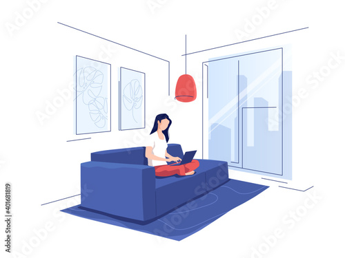 Vector illustration depicting a young girl in a modern interior using a laptop while sitting on a home sofa
