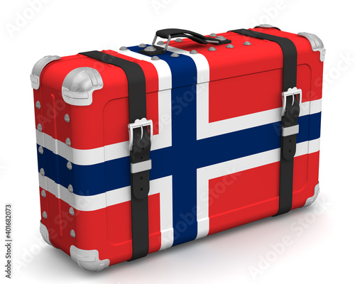 Stylish suitcase with the national Flag of Norway. Retro suitcase with the national Flag of the Kingdom of Norway stands on a white surface. 3D illustration