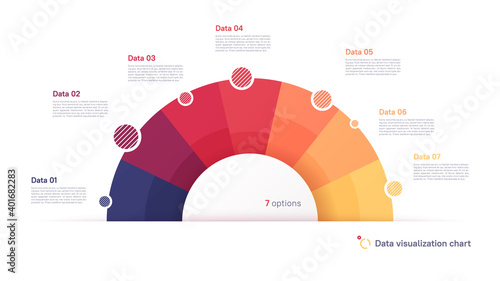 Vector pie chart infographic template in the form of semicircle divided by seven parts