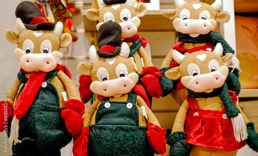 Bull toys as a symbol of the 2021 at Christmas Market in Saint-Petersburg, Russia