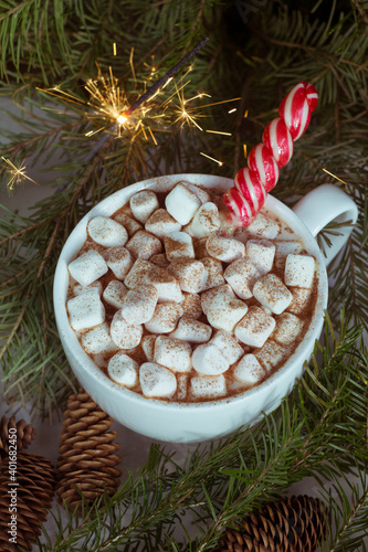 Cup of cocoa with marshmallows, sparkler, lollipop, cones and fir branches