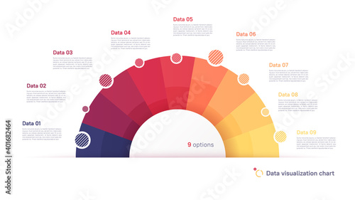 Vector pie chart infographic template in the form of semicircle divided by nine parts