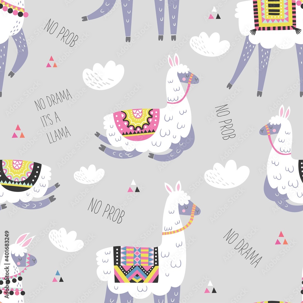 Seamless pattern with llama, cactus, rainbow and hand drawn elements. Creative childish texture. Great for fabric, textile. Vector illustration.
