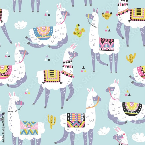 Seamless pattern with llama, cactus, rainbow and hand drawn elements. Creative childish texture. Great for fabric, textile. Vector illustration.

