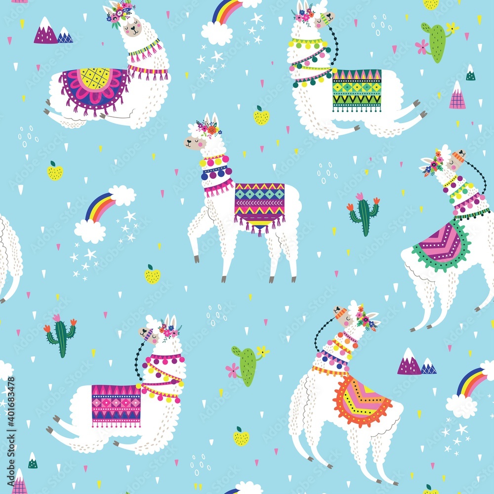Seamless pattern with llama, cactus, rainbow and hand drawn elements. Creative childish texture. Great for fabric, textile. Vector illustration.
Seamless pattern with llama, cactus, rainbow and hand drawn elements. Creative childish texture. Great for fabric, textile. Vector illustration.