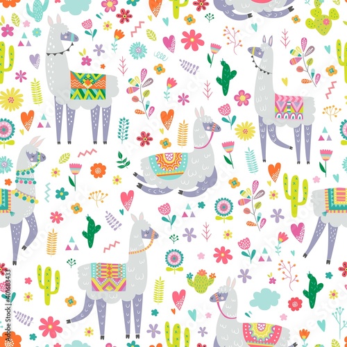 Seamless pattern with llama, cactus, rainbow and hand drawn elements. Creative childish texture. Great for fabric, textile. Vector illustration.
