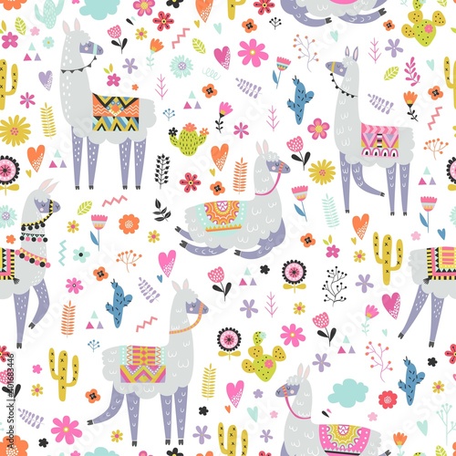 Seamless pattern with llama, cactus, rainbow and hand drawn elements. Creative childish texture. Great for fabric, textile. Vector illustration.
