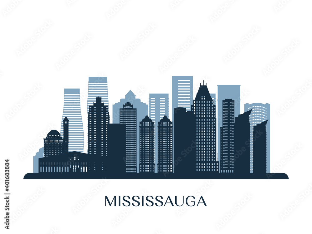 Mississauga skyline, monochrome silhouette. Vector illustration.