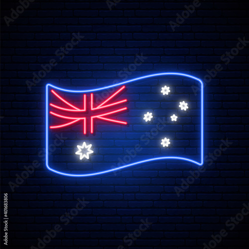 Australia flag neon sign. Glowing Australia flag isolated on dark brick wall background. Stock vector illustration.