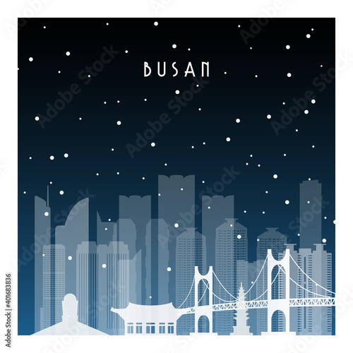 Winter night in Busan. Night city in flat style for banner, poster, illustration, background.