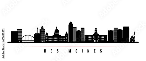 Des moines skyline horizontal banner. Black and white silhouette of Des moines City, Iowa. Vector template for your design.