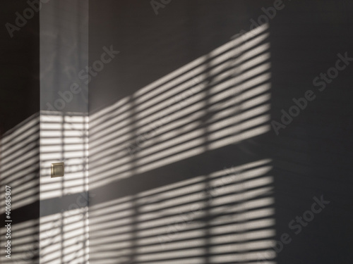 Shadow floor. Abstract light, black shadow overlay from window on white texture wall. Sunlight architecture background. Overlay effect for photo and design. photo