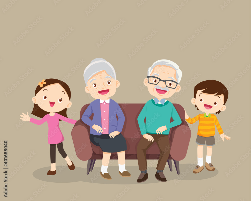 grandparents with grandchildren sitting on the sofa