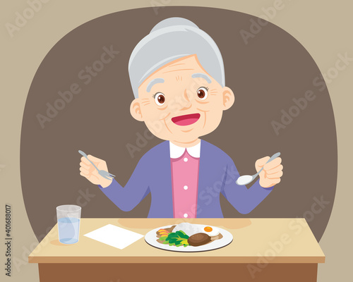 elderly woman happy rating food