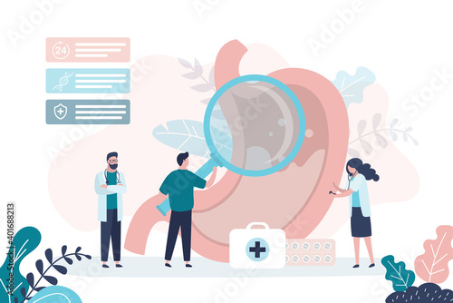 Doctor holds magnifying glass and examines stomach. Group of gastroenterologists analysis huge stomach.